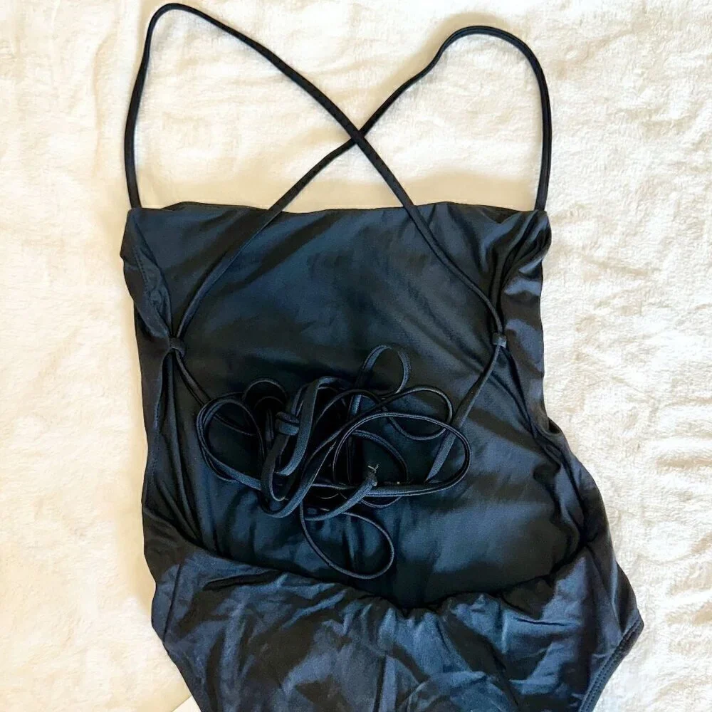 NWT Good American Black Barely There One-Piece Swimsuit Strappy Stretch - Size 3